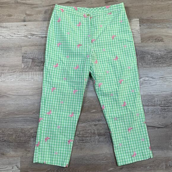 Lilly Pulitzer Pants - Lilly Pulitzer Green Gingham Pants Embroidered Butterfly Cropped Size 10